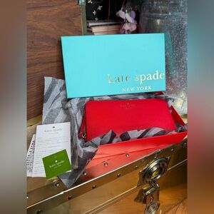 Kate Spade Vibrant Red Cedar Street Lacey Zip-Around Wallet with box and paper